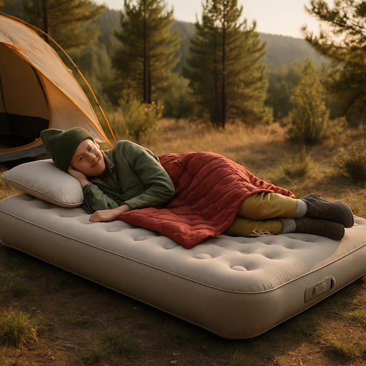 Fille-sur-matelas-gonflable-avec-couverture-rouge-en-camping